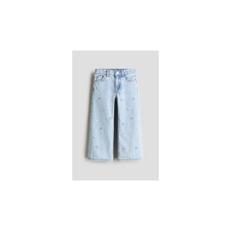 H&M - Džíny Wide Legs motivem - Světlý Denim Blue/Květiny