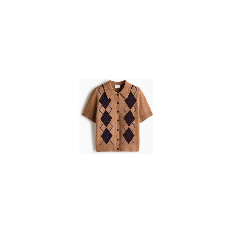 H&M - Propínací kardigans límečkem - Tmavě Béžová/Kostka Argyle