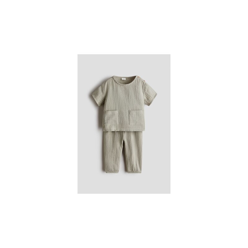 H&M - Dvoudílná souprava z bavlněného mušelínu - Khaki Zelená