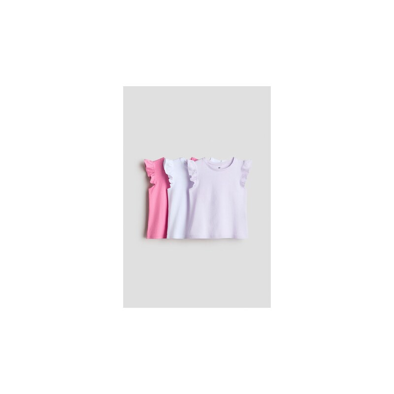 H&M - Tops volánkovými rukávy 3 kusy - Růžová/Bílá/Šeříková