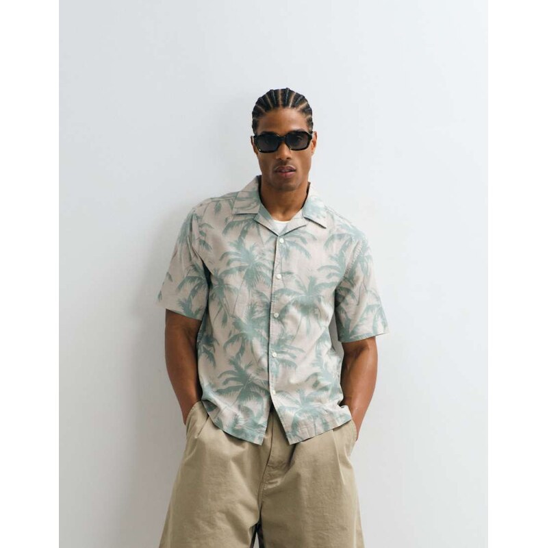 ONLY & SONS NLY & SONS resort shirt with linen with green palm