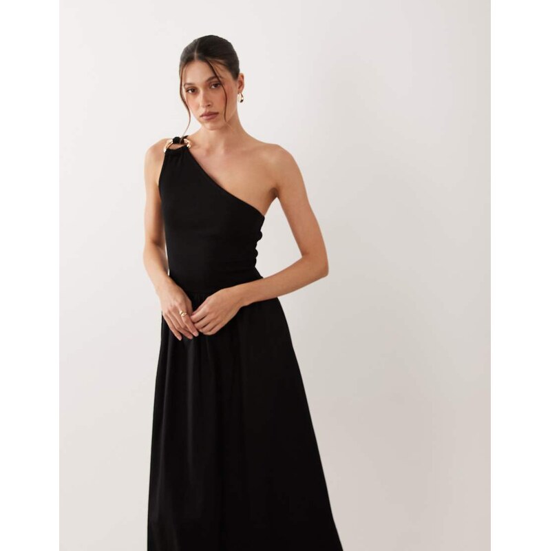 ASOS DESIGN one shoulder midi dress with hardware trim in black