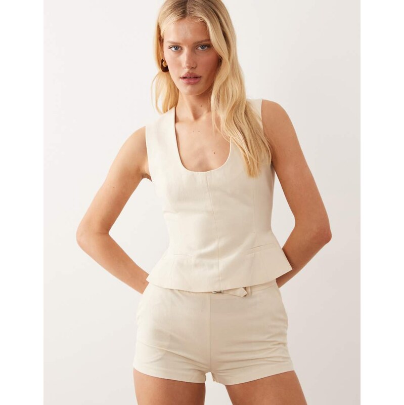ASOS DESIGN deep scoop neckline tailored top in cream-White