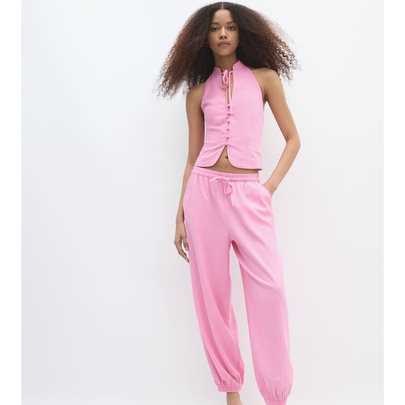 Stradivarius Tall linen-effect sarouel trousers in pastel pink