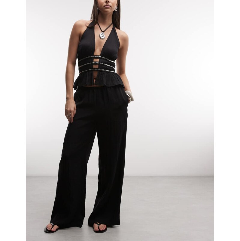 Weekday pull on wide leg crinkle trousers in black