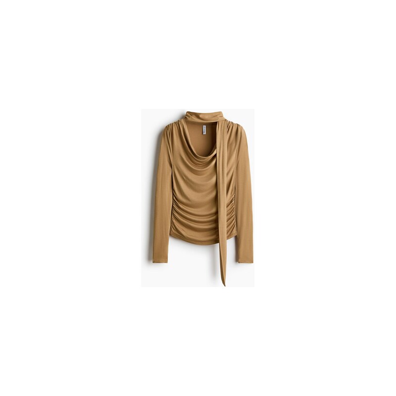 H&M - Řasený tops šálovým límcem - Tmavě Béžová