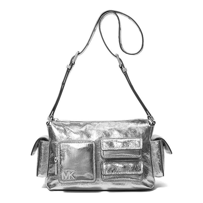 Michael Kors kožená kabelka Dakota medium stříbrná