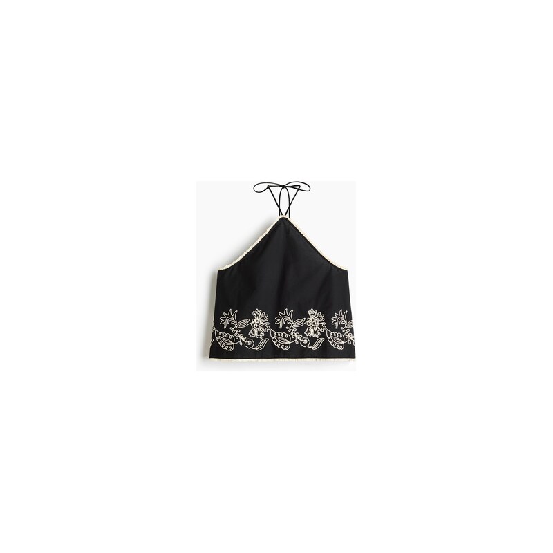 H&M - Bavlněný top halternecks výšivkou - Černá/Květiny