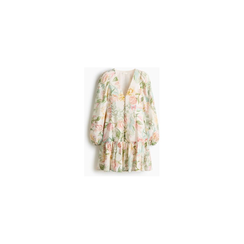 H&M - Tunikové šatys balonovým rukávem - Krémová/Květiny