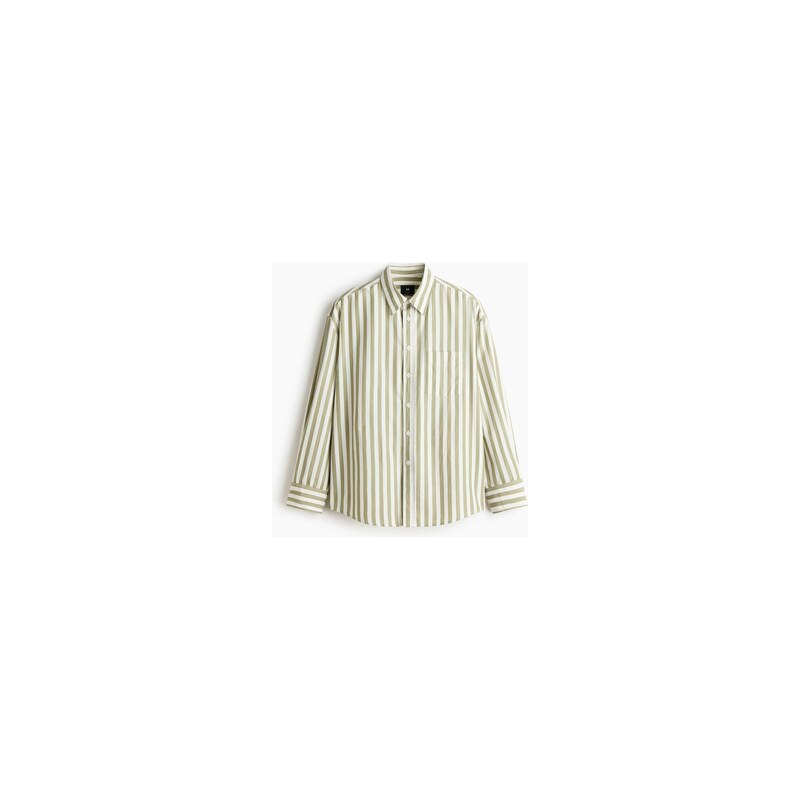 H&M - Popelínová košile Relaxed Fit - Khaki Zelená/Proužky