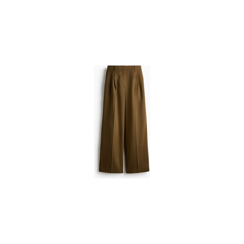 H&M - Elegantní kalhoty z lněné směsi - Tmavá Olivově Zelená