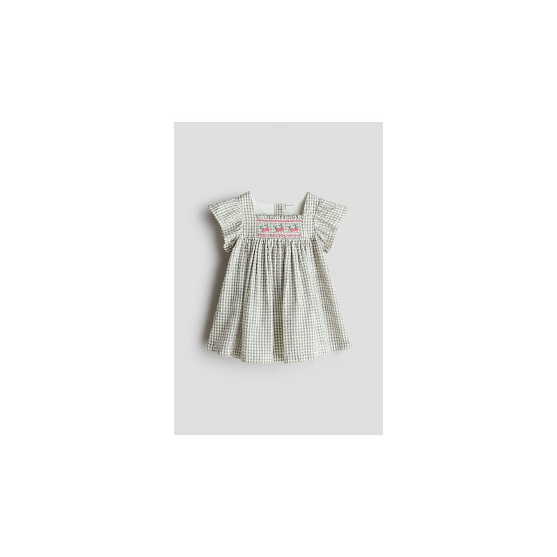 H&M - Bavlněné šaty empírový střih - Světle Zelená Khaki/Maliny