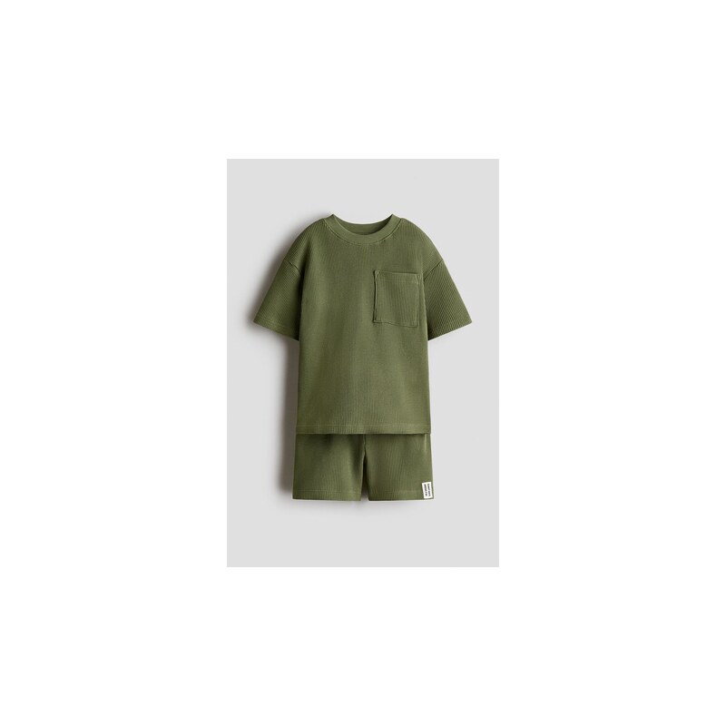 H&M - Dvoudílná bavlněná soupravas vaflovou texturou - Khaki