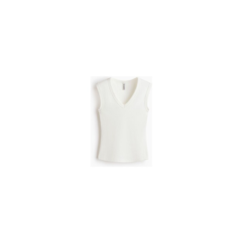 H&M - Žebrovaný tops výstřihem do V - Krémová