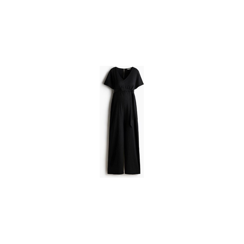 H&M - MAMA Short-sleeved tie-belt jumpsuit - Černá