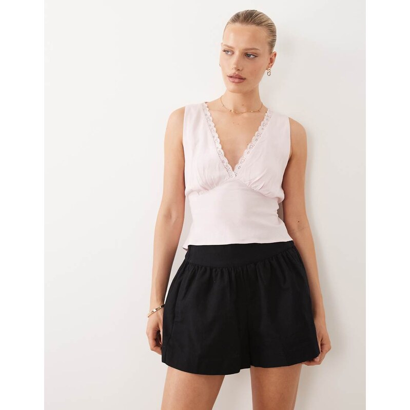 ASOS DESIGN linen look pull on shorts in black
