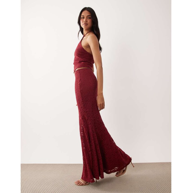 ASOS DESIGN co-ord lace fishtail maxi skirt in burgundy-Red