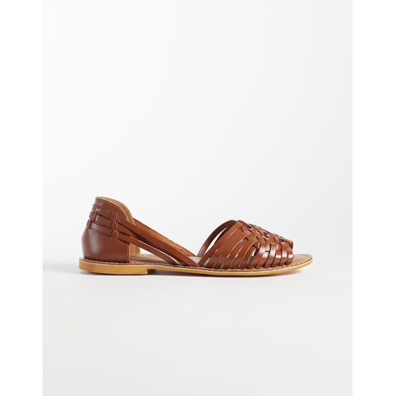 ASOS DESIGN Fray leather woven flat sandals in tan-Brown