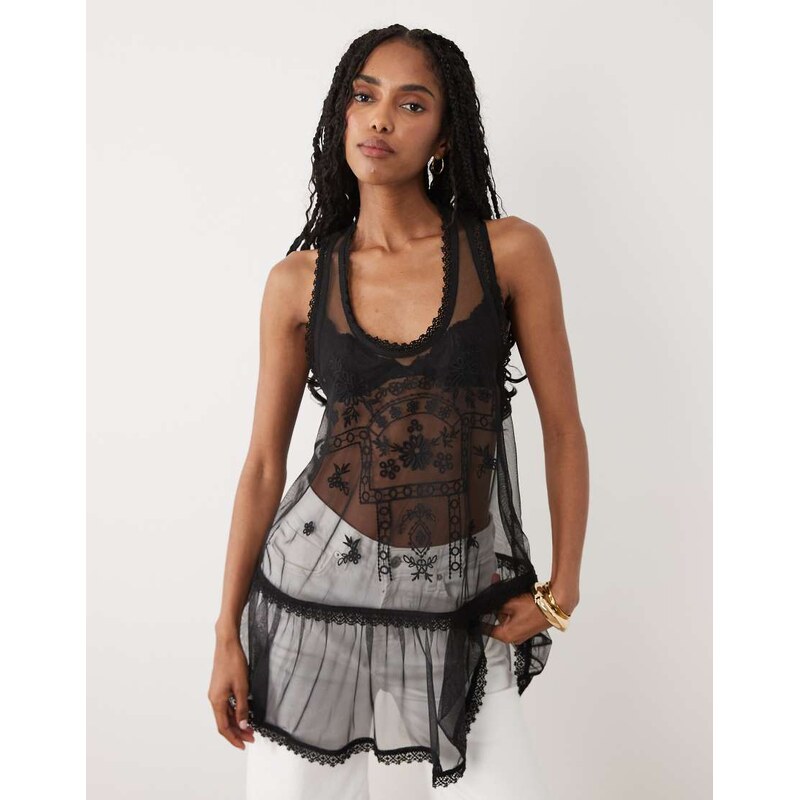 Miss Selfridge embroidered mesh cami top in black