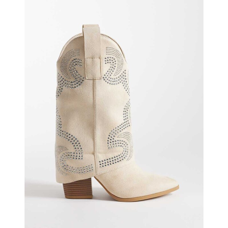 SEQWL Embelished Western Knee Boots in cream micro-White
