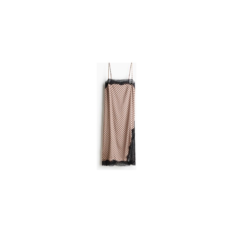 H&M - Šaty slip dresss krajkovými lemy - Béžová/Puntíky