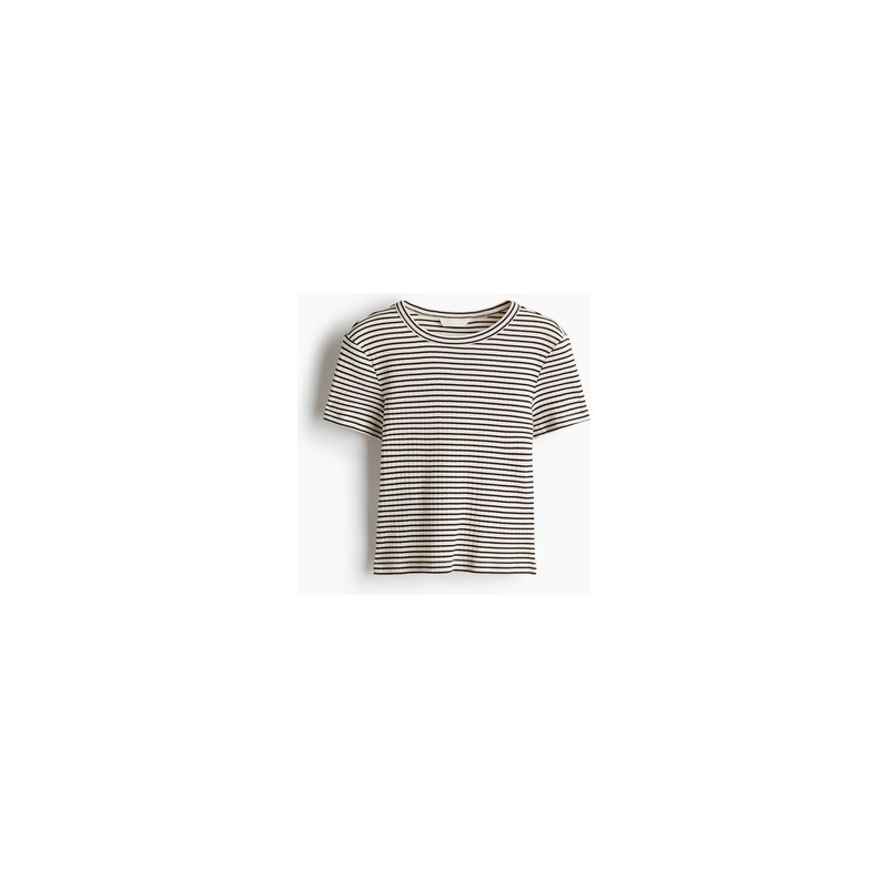 H&M - Žebrované tričko - Bílá/Tmavě Hnědé Proužky
