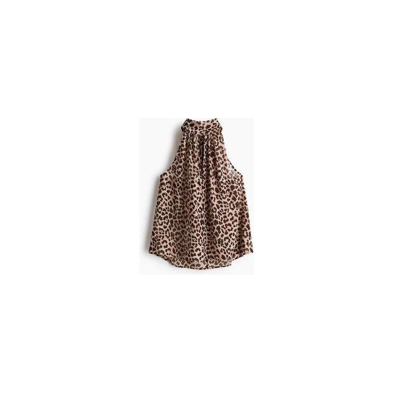 H&M - Šifonový tops šálovým límcem - Světle Béžová/Leopardí