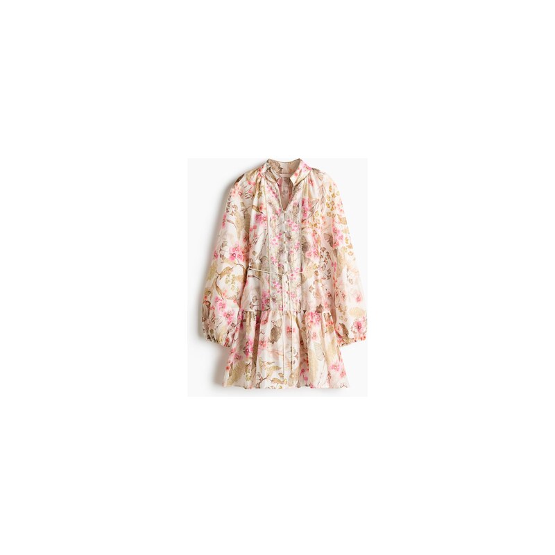 H&M - Krátké tunikové šaty - Krémová/Květiny