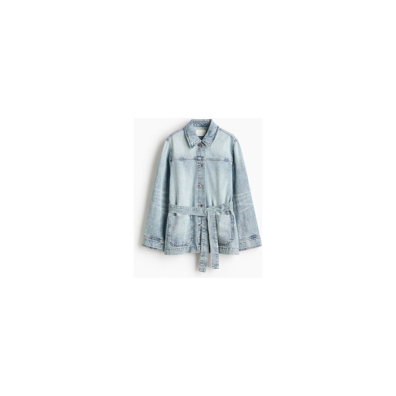 H&M - Krátký džínový kabáts vázacím páskem - Světlý Denim Blue
