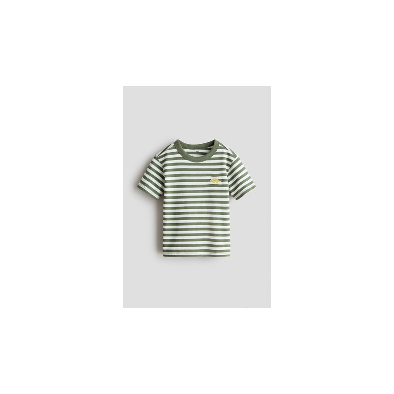 H&M - Tričkos výšivkou - Khaki Zelená/Proužky