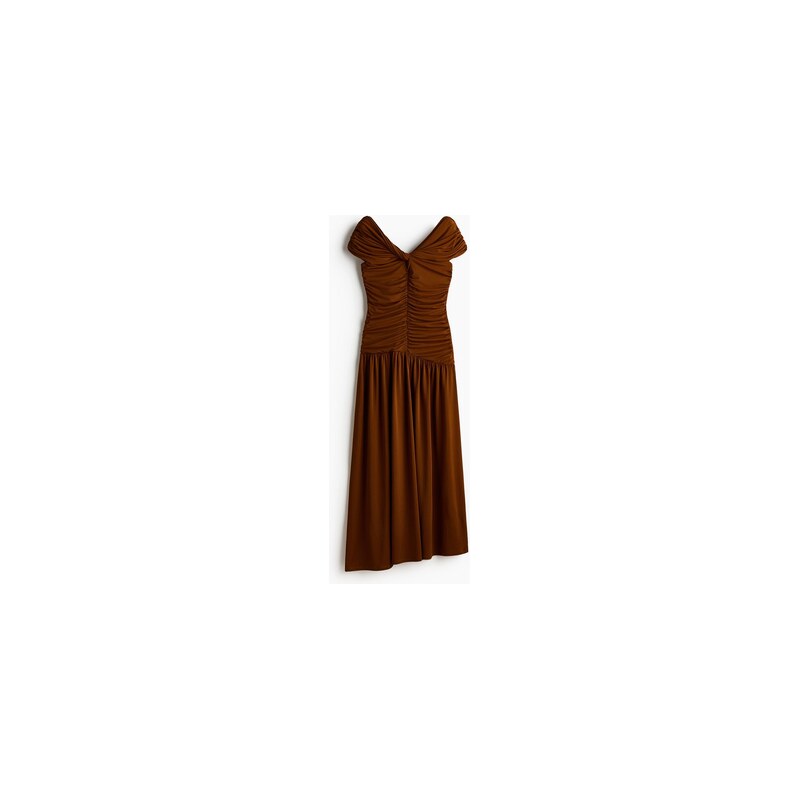 H&M - Řasené šaty odhalující ramena - Hnědá