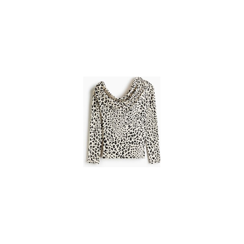 H&M - Řasený top odhalující rameno - Bílá/Leopardí Potisk