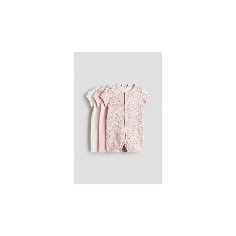 H&M - Krátký bavlněný pyžamový overal 3 kusy - Růžová/Květy