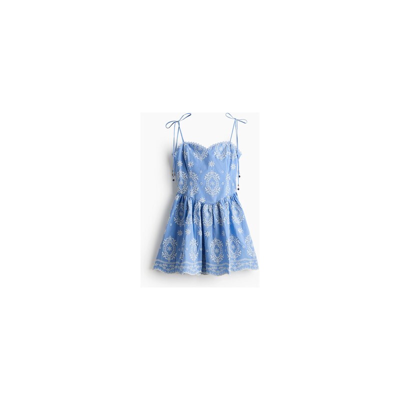H&M - Vyšívané šatys vázacími ramínky - Bleděmodrá/Vzor