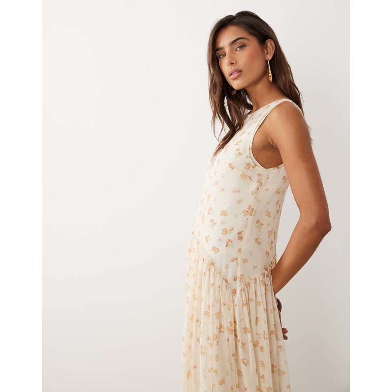 ASOS DESIGN racer neck smock maxi dress in blue and cream floral
