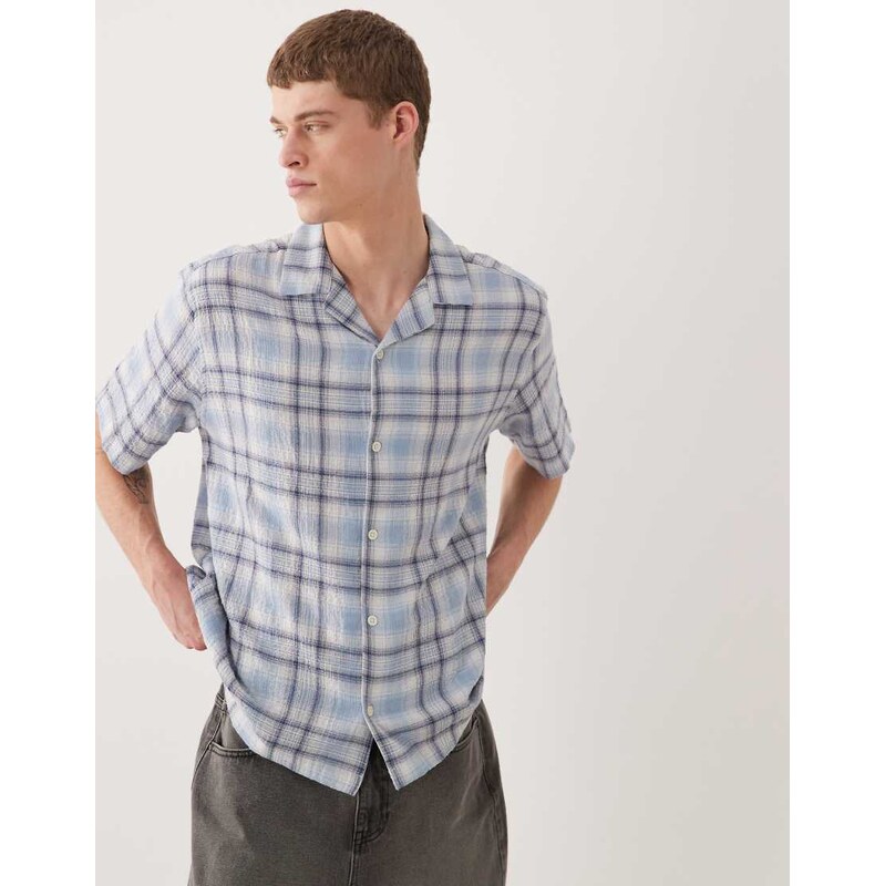 ASOS DESIGN relaxed revere textured check shirt in light blue
