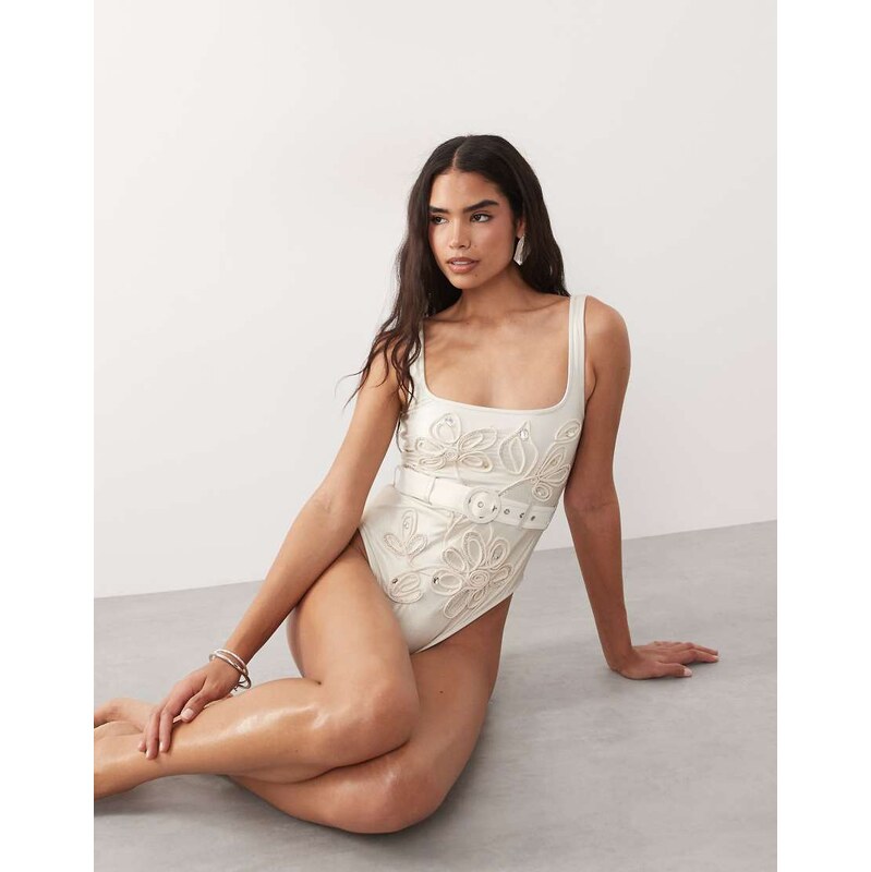 ASOS LUXE cornelli flower detail swimsuit with belt in white