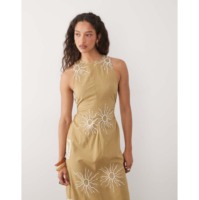 ASOS DESIGN cotton linen maxi dress in stone with cream sea