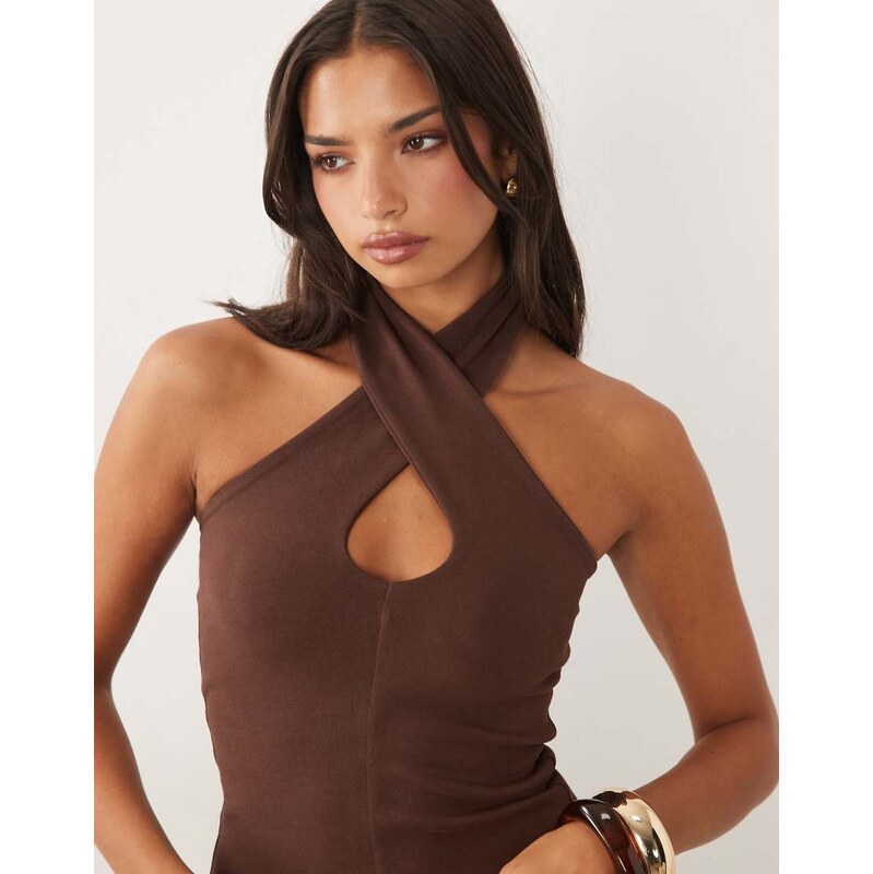 ASOS DESIGN compact cotton twist halterneck top in chocolate
