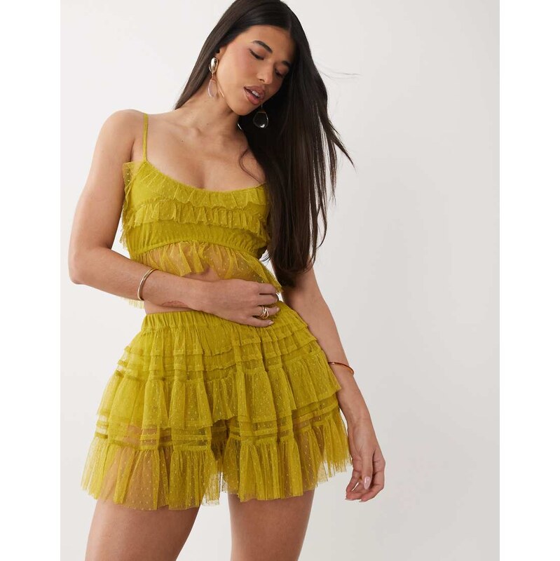 ASOS DESIGN dobby mesh semi sheer ruffle mini skirt in lime
