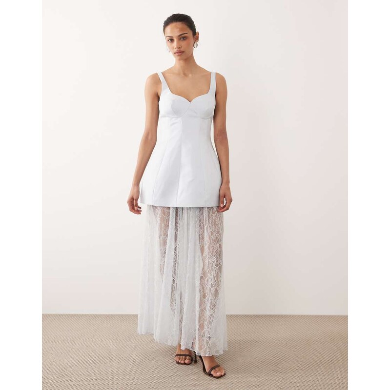 Six Stories satin sweetheart neck structured lace skirt maxi