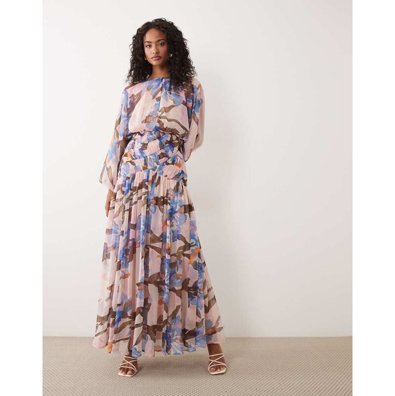 ASOS DESIGN long sleeve blouson maxi dress with gauged ruched