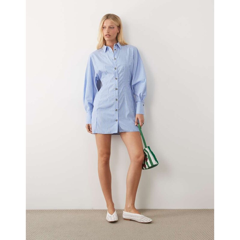ASOS DESIGN mini shirt dress with cinched waist in blue stripe