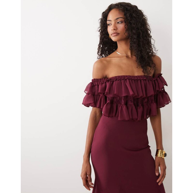 ASOS DESIGN lace mix bardot off shoulder ruffle midi dress in