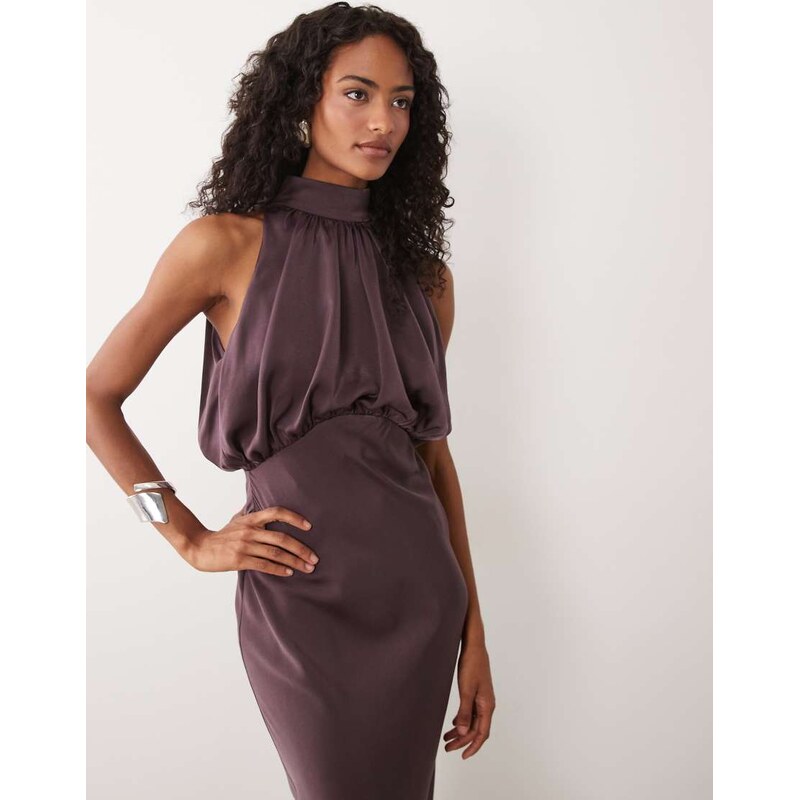 ASOS DESIGN halter neck blouson satin maxi dress in chocolate