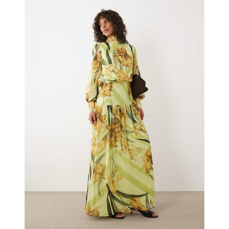 ASOS DESIGN high neck deep cuff maxi dress in yellow floral