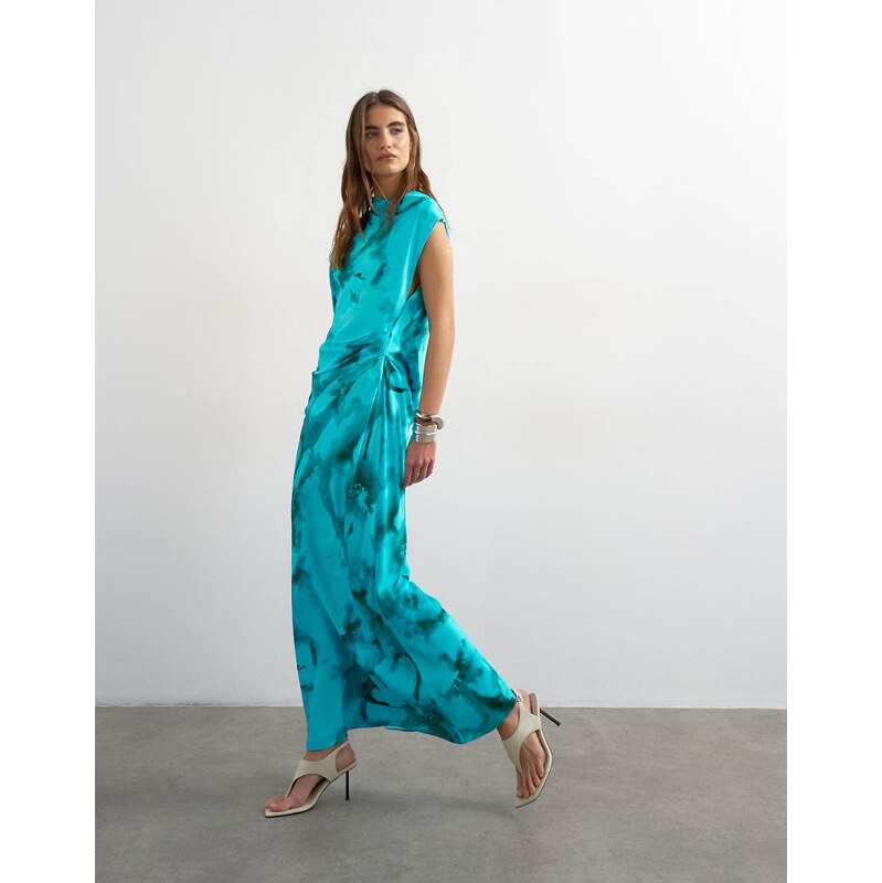 Topshop satin grown on neck tuck side maxi dress with open back