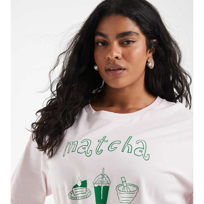 ONLY Curve oversized t-shirt with matcha print in baby pink