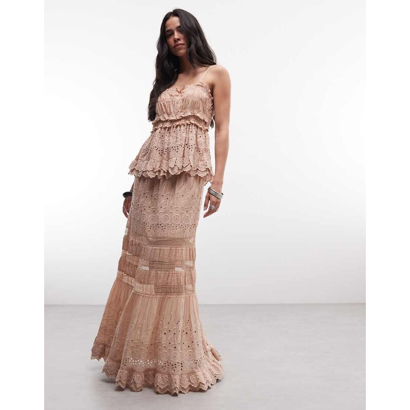 AllSaints Camille co-ord broderie tiered midi skirt in pale pink