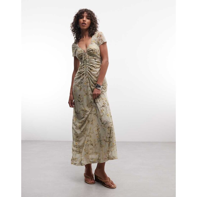 AllSaints Gabby short sleeve gathered floral mesh midi dress in